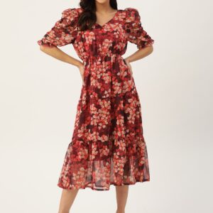 flared floral printed midi red dress