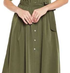 Women Olive Green Belted Shirt Dress