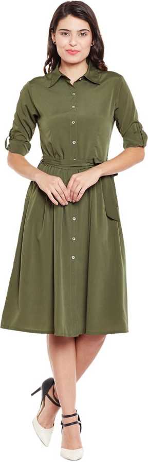 Women Olive Green Belted Shirt Dress