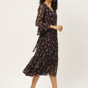 Women Black & Pink Floral Printed Wrap Dress