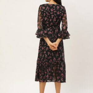 Women Black & Pink Floral Printed Wrap Dress