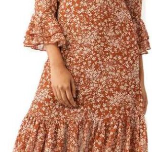 Brown & Off-White Floral Print Wrap Dress