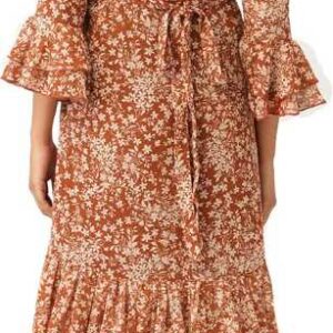 Brown & Off-White Floral Print Wrap Dress