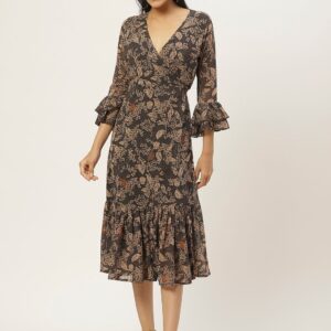 Women Charcoal Grey & Beige Floral Print Wrap Dress