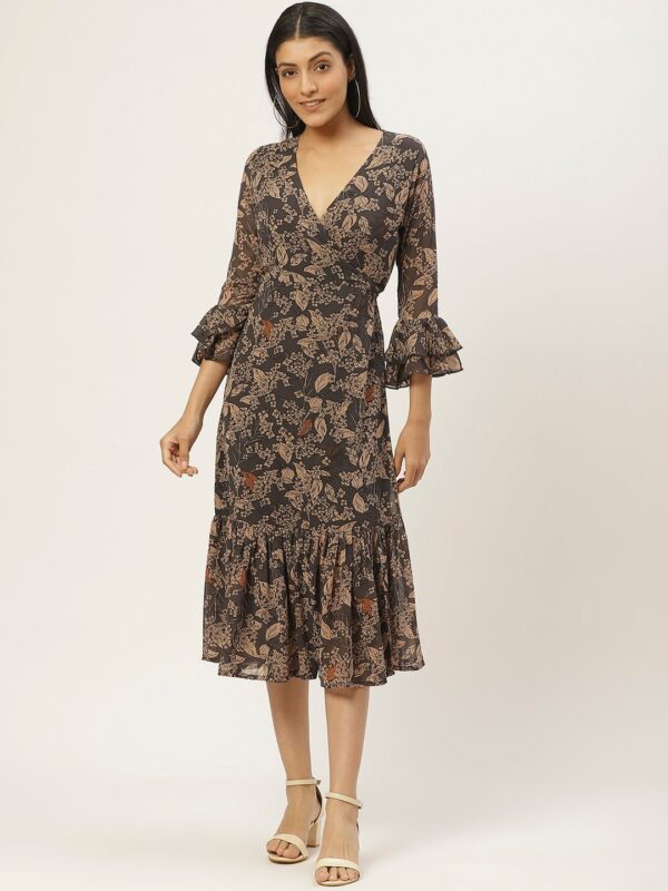 Women Charcoal Grey & Beige Floral Print Wrap Dress