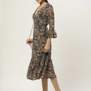 Women Charcoal Grey & Beige Floral Print Wrap Dress