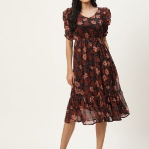 Brown & Black Floral Puff Sleeves Georgette Midi Dress