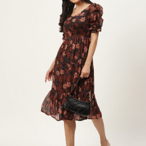 Brown & Black Floral Puff Sleeves Georgette Midi Dress