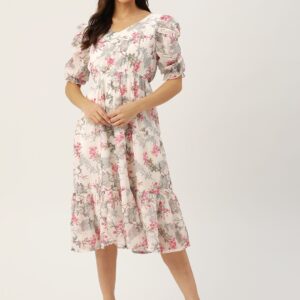 White & Pink Floral Georgette Midi Dress