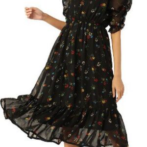 Black & Yellow Floral Georgette Midi Dress