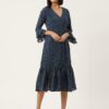 Navy Blue Floral Print Bell Sleeve Georgette Dress