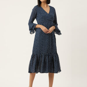 Navy Blue Floral Print Bell Sleeve Georgette Dress