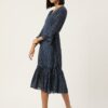 Navy Blue Floral Print Bell Sleeve Georgette Dress - Image 3