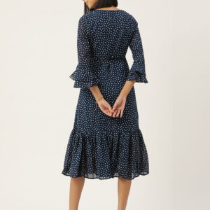 Navy Blue Floral Print Bell Sleeve Georgette Dress