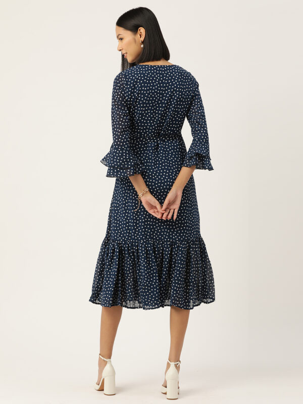 Navy Blue Floral Print Bell Sleeve Georgette Dress