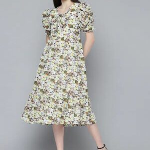 Floral Printed Puff Sleeve Georgette A-Line Dress