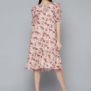 Floral Printed Tie-Up Neck Puff Sleeves Georgette A-Line Dress