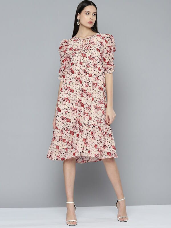 Floral Printed Tie-Up Neck Puff Sleeves Georgette A-Line Dress