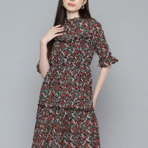 Floral Printed Bell Sleeve Georgette Fit & Flare Dress