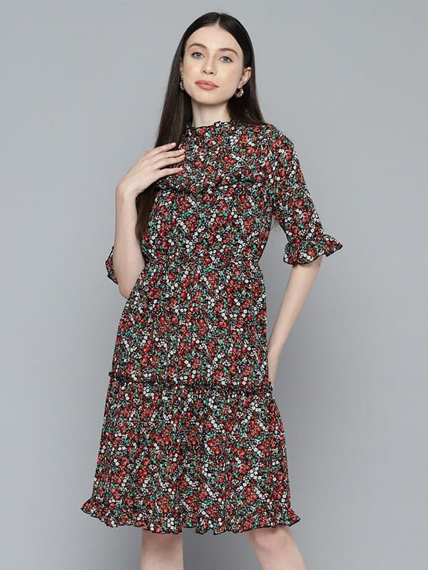 Floral Printed Bell Sleeve Georgette Fit & Flare Dress