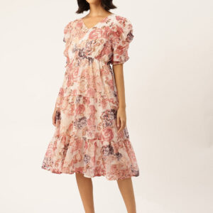 Floral Print Puff Sleeve A-Line Midi Dress