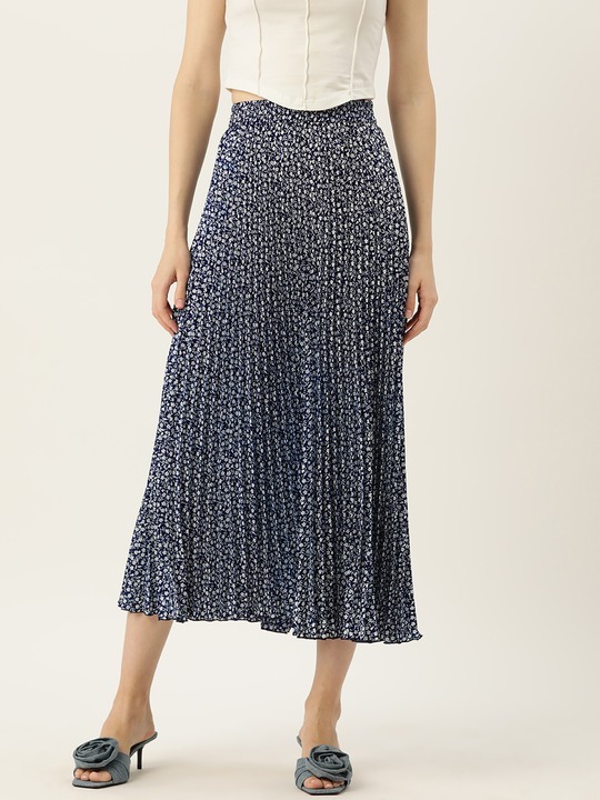 Floral Printed Gathered Flared Midi Skirt