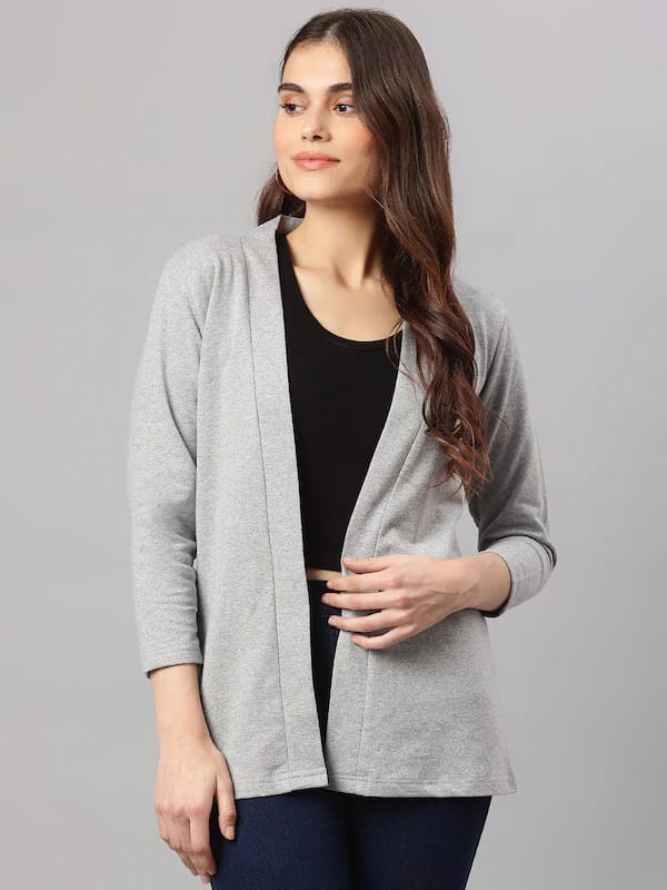 Women Grey Melange Solid Front Open Shrug