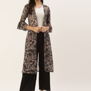 Women Grey & Beige Printed Longline Shrug