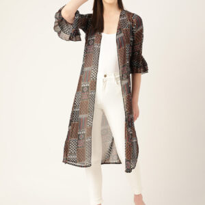 Printed Bell Sleeves Open Front Longline Shrug