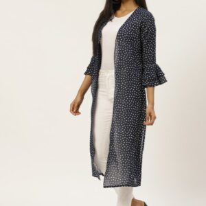 Women Navy Blue & White Polka Dots Printed Open Front Shrug