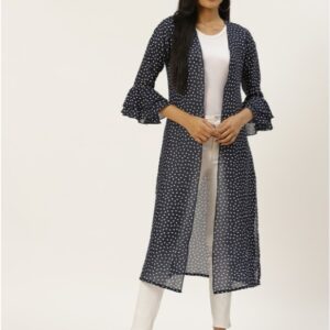 Women Navy Blue & White Polka Dots Printed Open Front Shrug