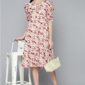 Floral Printed Tie-Up Neck Puff Sleeves Georgette A-Line Dress