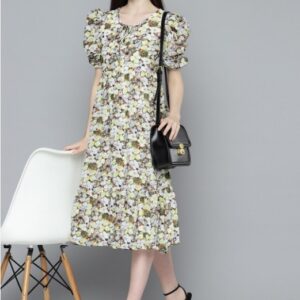 Floral Printed Puff Sleeve Georgette A-Line Dress