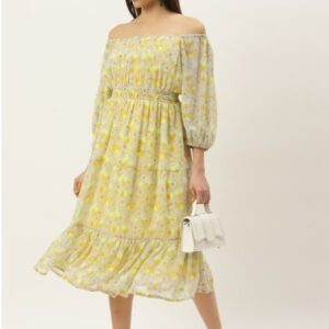 Women Georgette Yellow & Green Floral Off-Shoulder A-Line Midi Dress