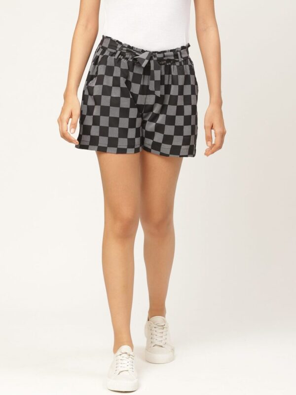 Women Black & White Checked Regular Fit Shorts