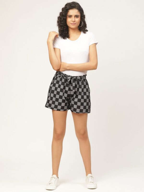 Women Black & White Checked Regular Fit Shorts - Image 4