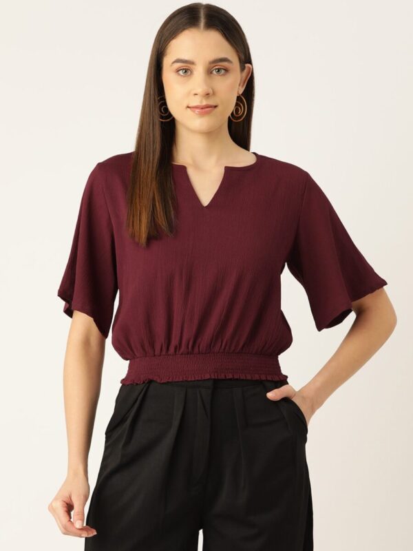 Flared Sleeve Crepe Cinched Waist Top