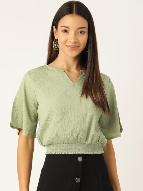 Flared Sleeve Smocked Crepe Cinched Waist Top
