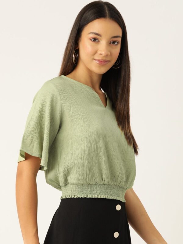 Flared Sleeve Smocked Crepe Cinched Waist Top - Image 3
