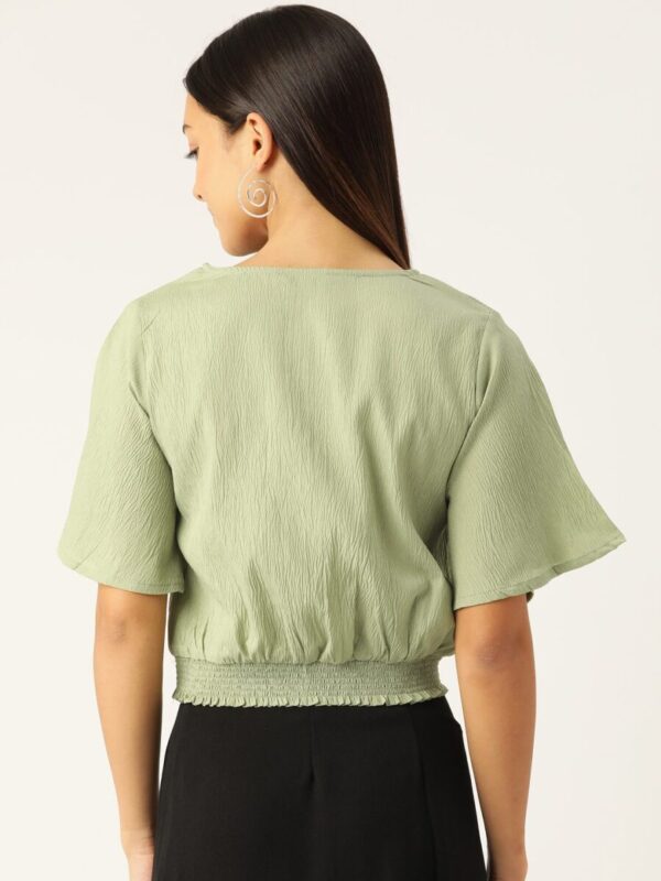 Flared Sleeve Smocked Crepe Cinched Waist Top - Image 4