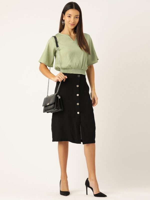 Flared Sleeve Smocked Crepe Cinched Waist Top - Image 2