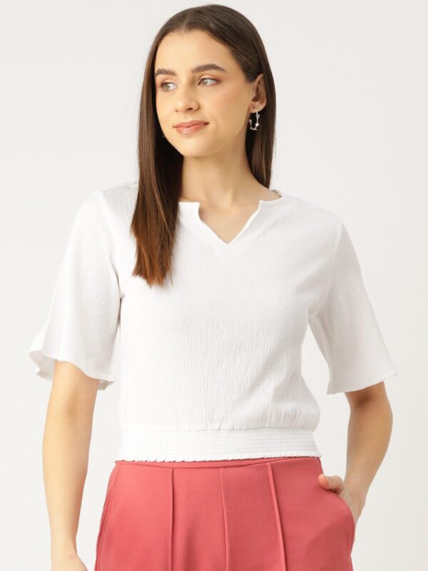Flared Sleeve Smocked Crepe Cinched Waist Top