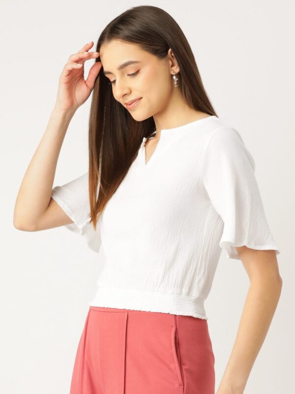 Flared Sleeve Smocked Crepe Cinched Waist Top - Image 3
